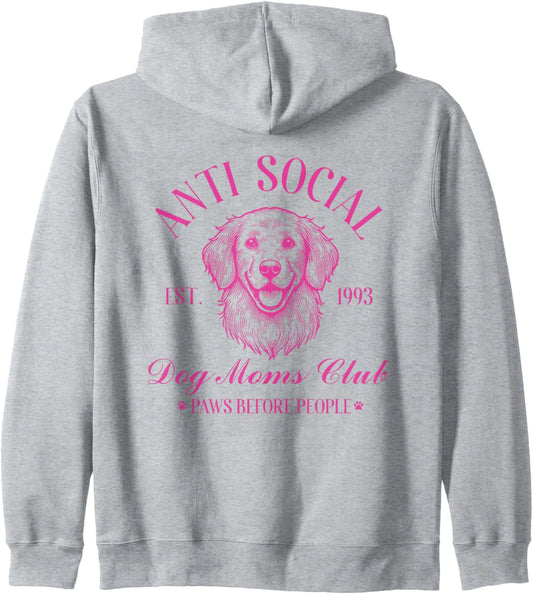 Anti Social Dog Moms Club Shirt Vintage Funny Dog Lover Mama Zip Hoodie