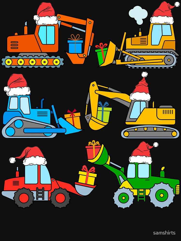 Construction Vehicles Christmas Excavator Bulldozer Santa Hat